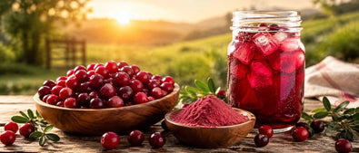 This is a picture of a fresh cranberries in wooden bowl next to a bowl of cranberry juice powder next to a delicious glass of cranberry juice in a mason glass jar on a wooden kitchen counter with a sunny grassy area in the background.