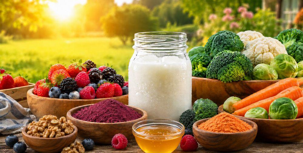 This is a picture of a close up of fresh berries, and a mason jar filled with ice cold fresh whole milk, on a wooden kitchen counter with a sunny grassy area in the background with a sunrise in the background.