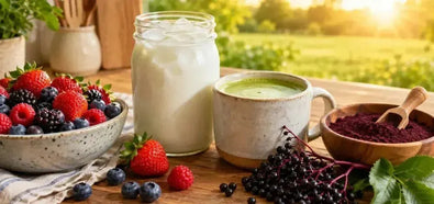 This is a picture of a fresh berries, a mason jar filled with ice cold fresh whole milk, a mug of matcha green tea and fresh elderberries next to elderberry powder in wooden bowl on a wooden kitchen counter with a sunny grassy area in the background.