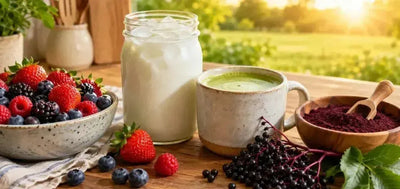 This is a picture of a fresh berries, a mason jar filled with ice cold fresh whole milk, a mug of matcha green tea and fresh elderberries next to elderberry powder in wooden bowl on a wooden kitchen counter with a sunny grassy area in the background.