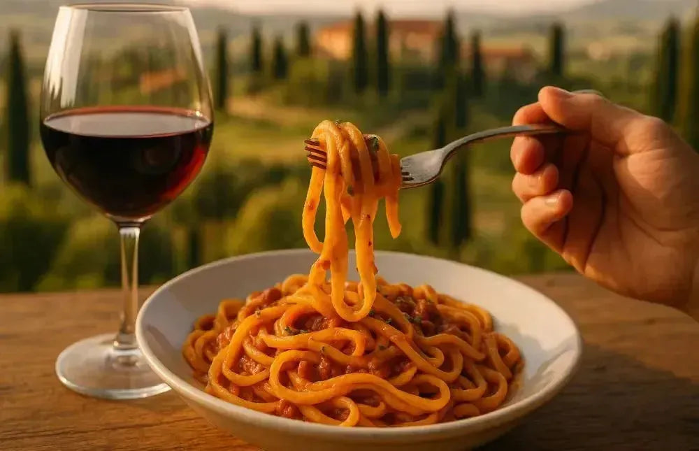 This is a picture of someone eating a bowl of pasta on a white plate with a glass of red wine on an outdoor table top, with the Tuscany mountains in the background.
