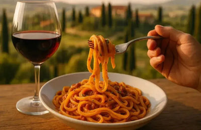 This is a picture of someone eating a bowl of pasta on a white plate with a glass of red wine on an outdoor table top, with the Tuscany mountains in the background.