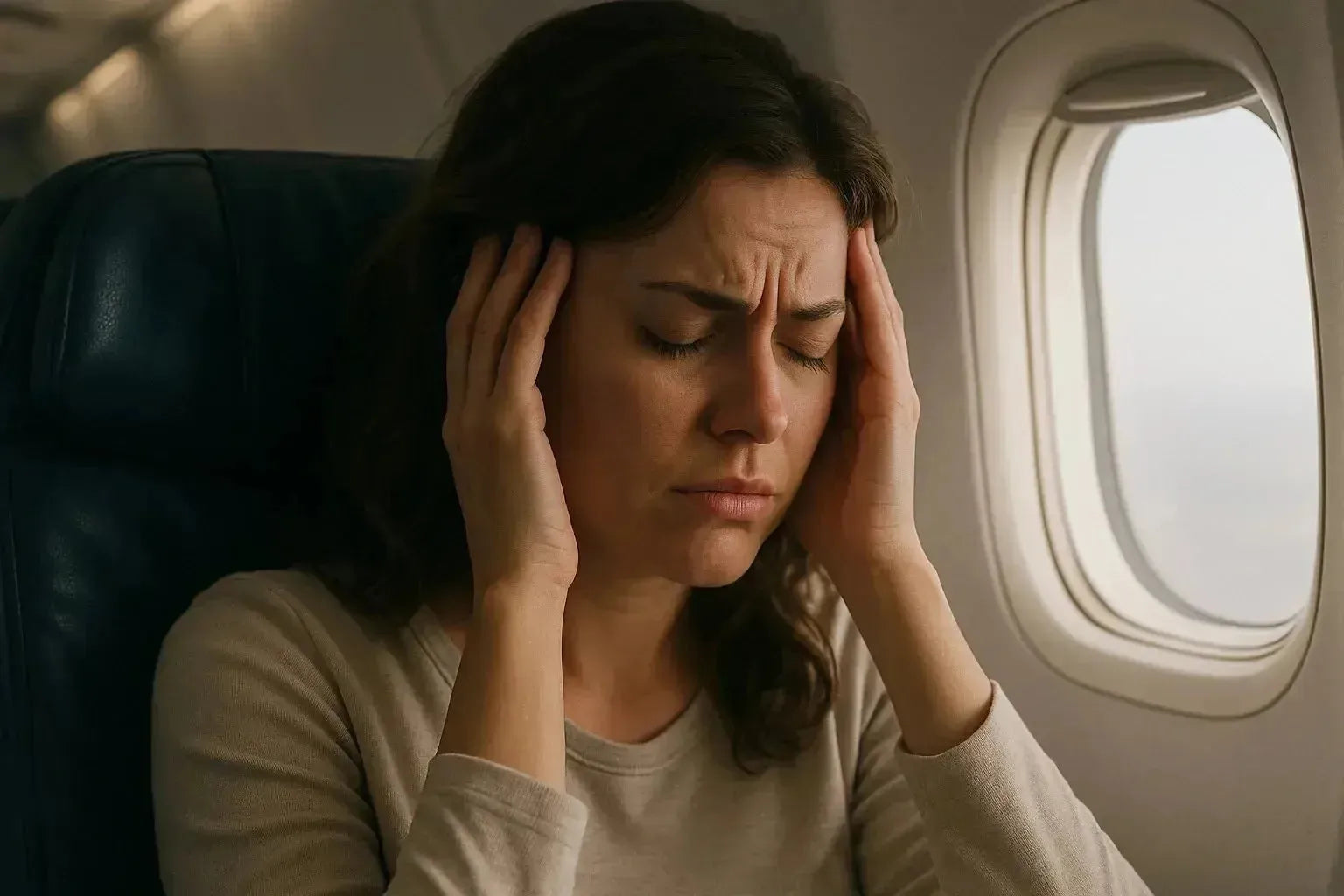 This is a picture of a woman in distress with her hands at her head while sitting in an airplane traveling on a long flight.