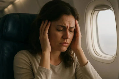 This is a picture of a woman in distress with her hands at her head while sitting in an airplane traveling on a long flight.