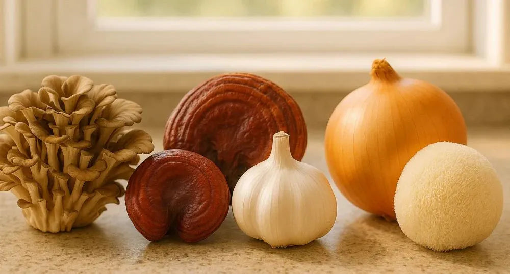 This is a picture of maitake mushroom, red reishi, garlic, onion and Lion's Mane mushroom on a kitchen countertop near a sunny window