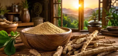 This is a picture of ashwagandha powder in a wooden bowl surrounded by fresh roots on a kitchen counter with a sunrise in the background.