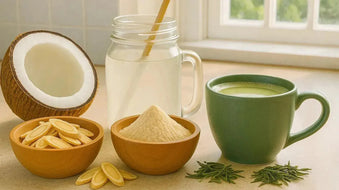 This is a picture of astragalus root powder, coconut water  in a mason jar, and a hot mug of matcha green tea.