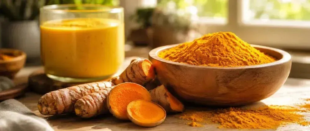 This is a picture of a wooden bowl filled with turmeric powder and a freshly cut turmeric root on a counter near a kitchen window.