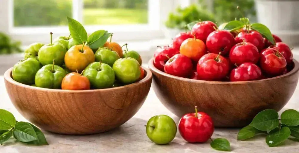 This is a picture of unripe acerola cherries in a wooden bowl next to a wooden bowl filled with ripe acerola cherries on a kitchen countertop with a sunny window in the background.