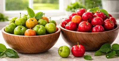 This is a picture of unripe acerola cherries in a wooden bowl next to a wooden bowl filled with ripe acerola cherries on a kitchen countertop with a sunny window in the background.