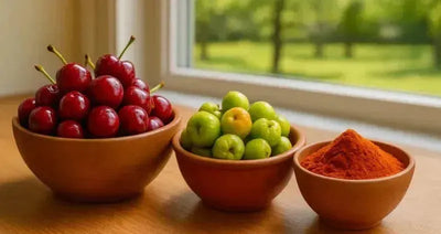 This is a picture of 3 wooden bowls on a kitchen countertop with tart cherries, unripe acerola cherries and acerola cherry powder, near a window with green trees and grass in the backyard.