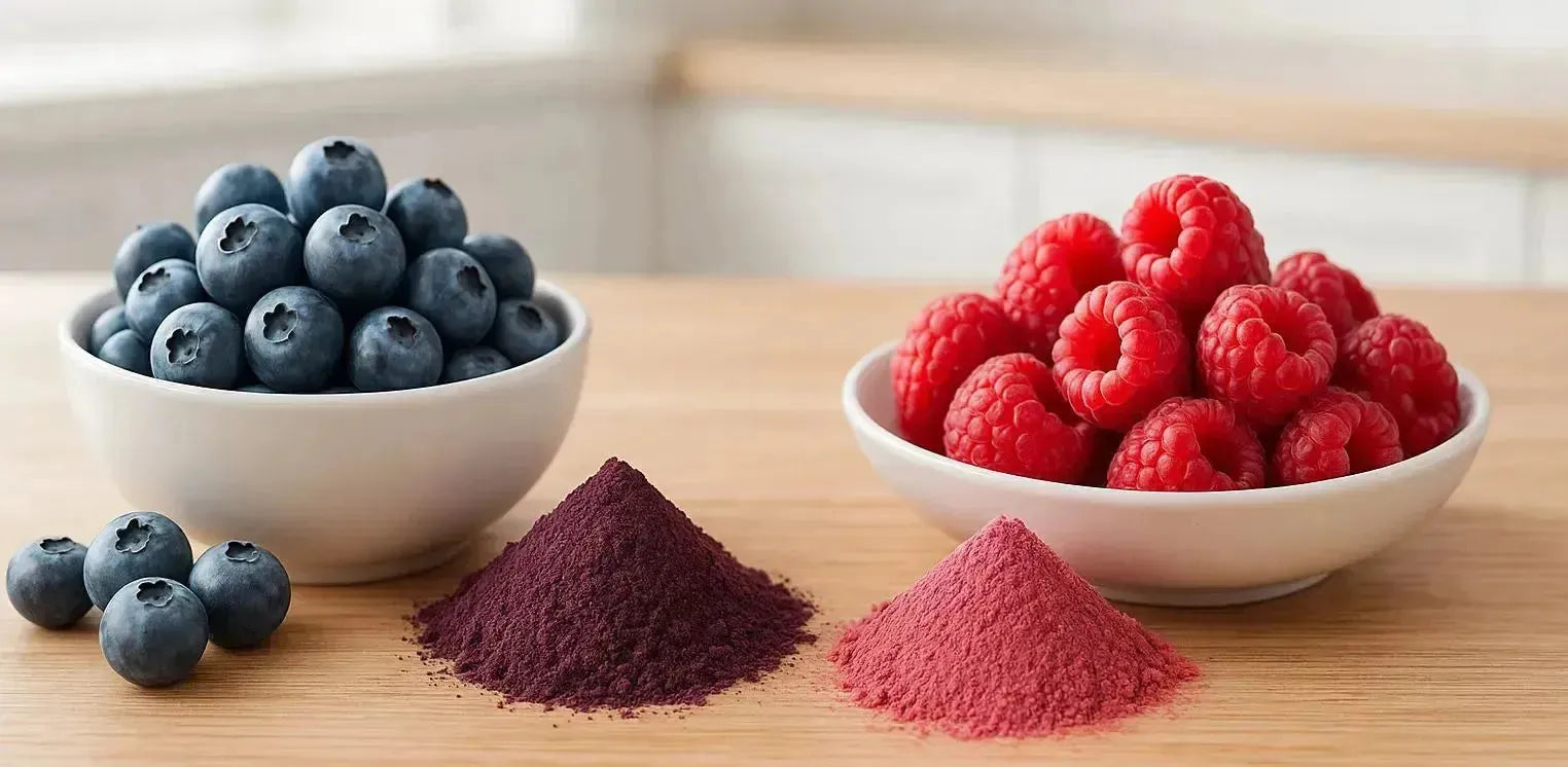 This is a picture of two white bowls filled with fresh blueberries and fresh red raspberries, with fresh powder next to the bowls, on a wooden kitchen countertop.