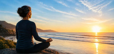 This is a picture of a woman sitting by the ocean watching the sunrise