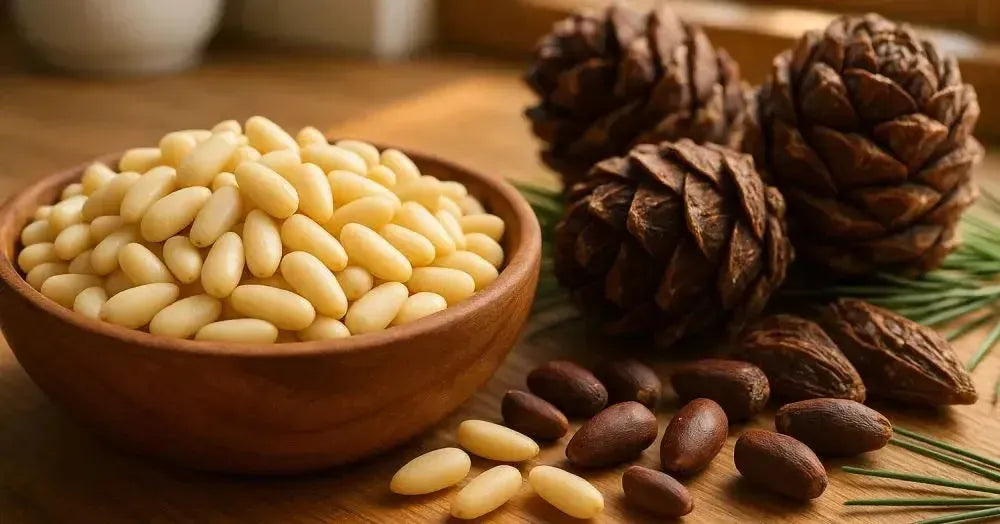 This is a picture of a wooden bowl filled with fresh pine nuts next to pine cones on a wooden table top