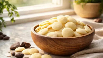 This is a picture of a wooden bowl filled with cacao butter wafers on a kitchen counter with a sunny window in the background.