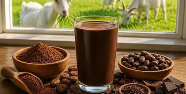 This is a picture of a delicious glass of Chocolate protein shake next to a blender on a wooden kitchen counter with a grassy field, a couple of happy goats grazing and a sunrise in the background.