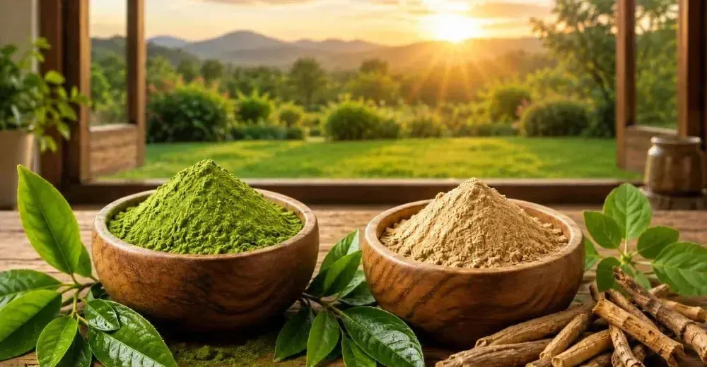 This is a picture of matcha and ashwagandha powders in wooden bowls on a kitchen counter with a sunrise in the background.