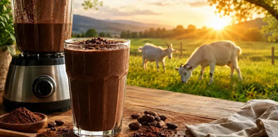 This is a picture of a delicious glass of Chocolate protein shake next to a blender on a wooden kitchen counter with a grassy field, a couple of happy goats grazing and a sunrise in the background.