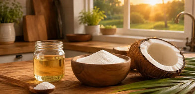 This is a picture of a MCT oil on a wooden kitchen counter with MCT Oil Creamer powder in a wooden bowl next to a freshly cut coconut with a beautiful sunrise in the background seen through the kitchen window.