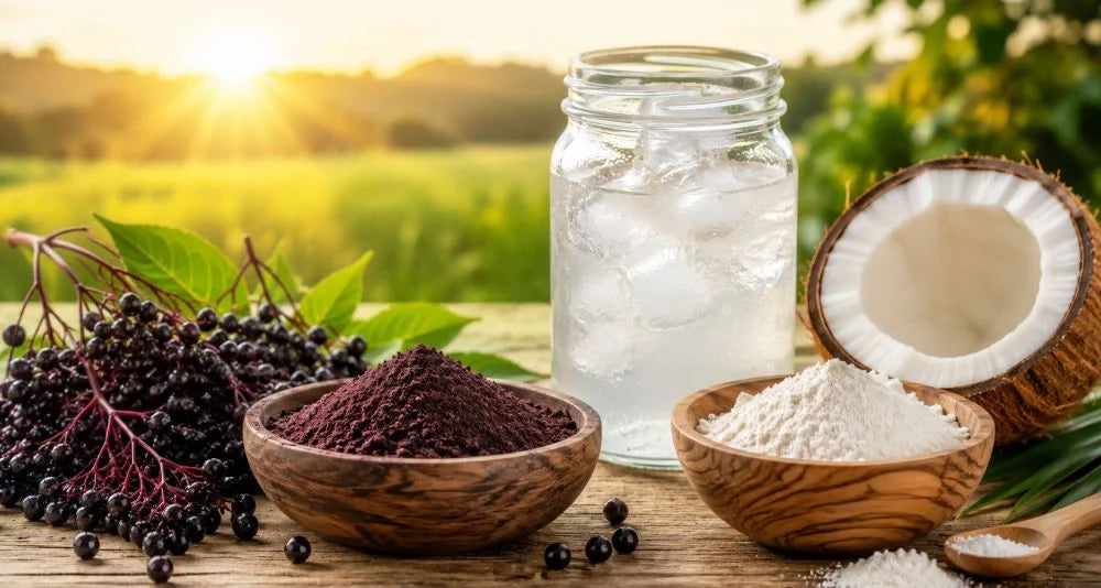 This is a picture of fresh elderberries and coconut water with a sunny grassy area in the background with a sunrise in the background.
