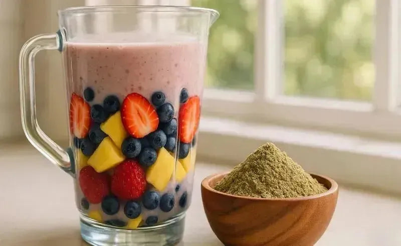 This is a picture of a delicious protein shake with fresh fruit such as strawberrys, blueberrys and pineapples in a blender next to hemp seed protein powder in a wooden bowl, all on a kitchen counter with a bright sunny window in the background.
