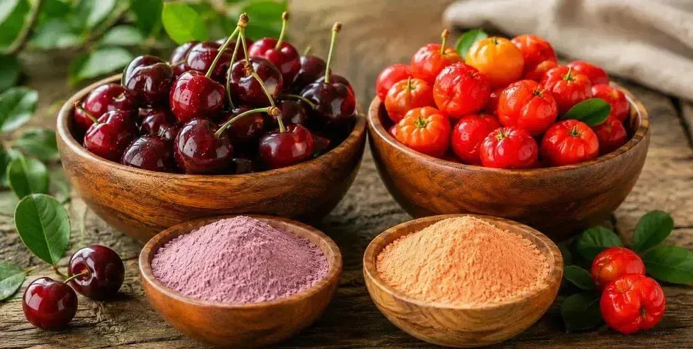 This is a picture of tart cherries in wooden bowl next to a bowl of acerola cherries  with a wooden bowl of tart cherry powder and a wooden bowl of acerola cherry powder on a wooden tabletop.