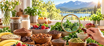 This is a picture of a person holding a magnifying glass investigating a table top full of wonderful foods, with a beautiful background