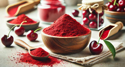 This is a picture of tart cherry powder in a wooden bowl on a kitchen countertop