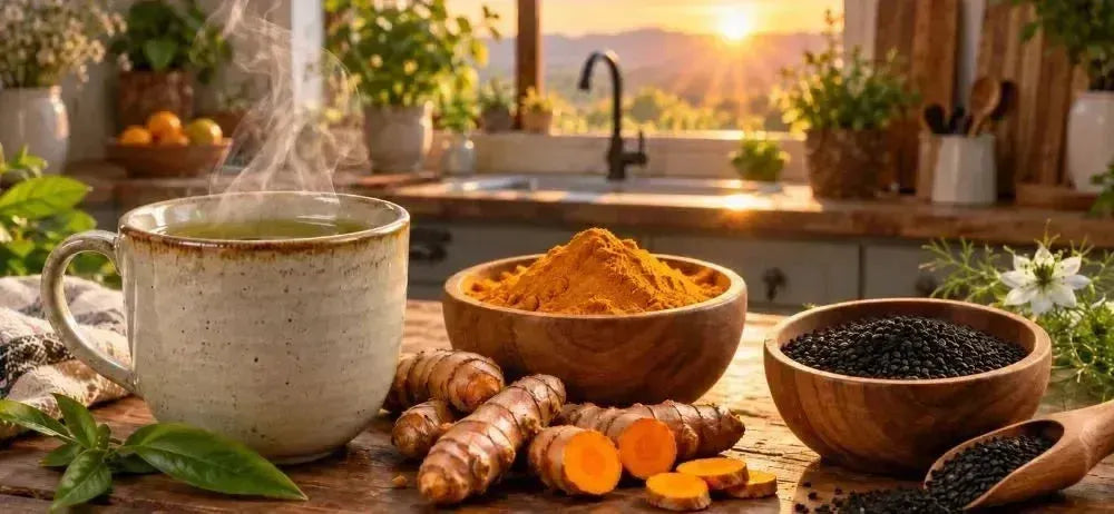 This is a picture of a mug of green tea, a wooden bowl of Turmeric Powder next to black seeds on a kitchen counter with a sunrise in the background seen through the kitchen window.