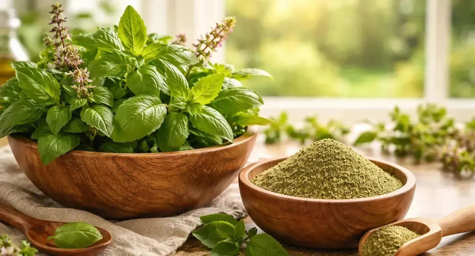 This is a picture of a wooden bowl full of fresh Holy Basil next to a bowl of Holy Basil Powder (Tulsi) on a kitchen counter, with a window overlooking a sunny day with fresh trees and grass in the backyard.