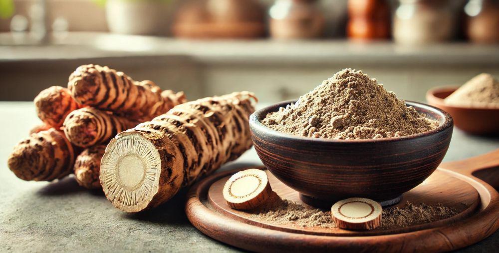 This is a picture of maca root on a kitchen table next to a wooden bowl filled with maca root powder.