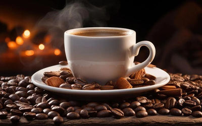 This is a picture of a hot coffee in a white mug on a white saucer surrounded by coffee beans, sitting on a wood table and a dark background