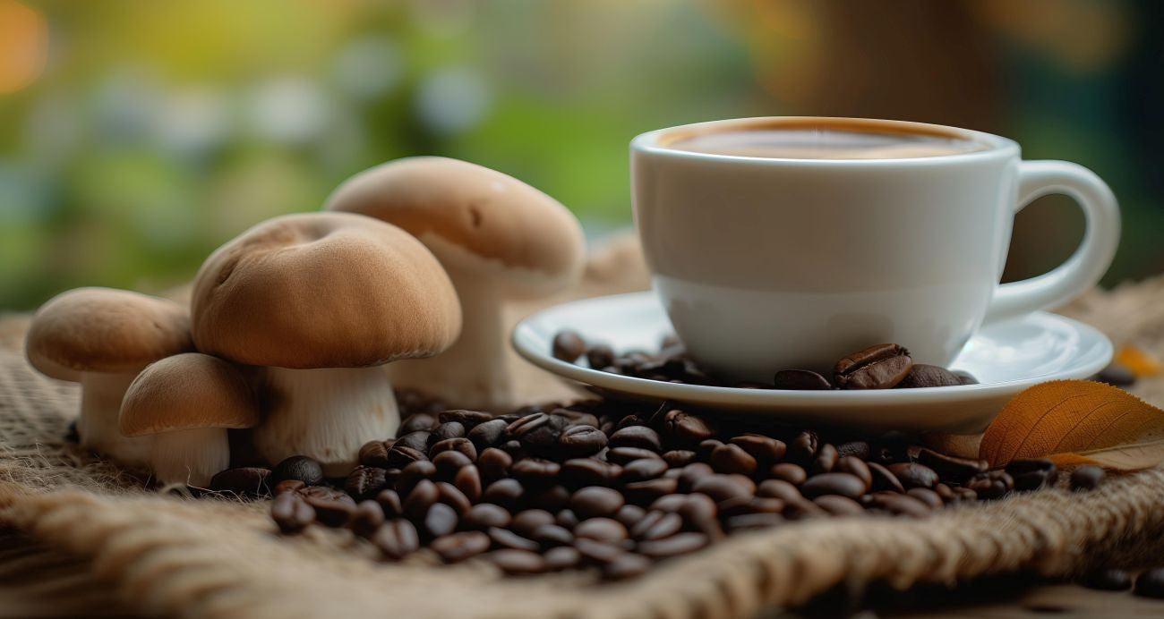 This is a picture of a white coffee cup on a white saucer filled with coffee, surrounded by coffee beans and mushrooms on a table cloth and table top.