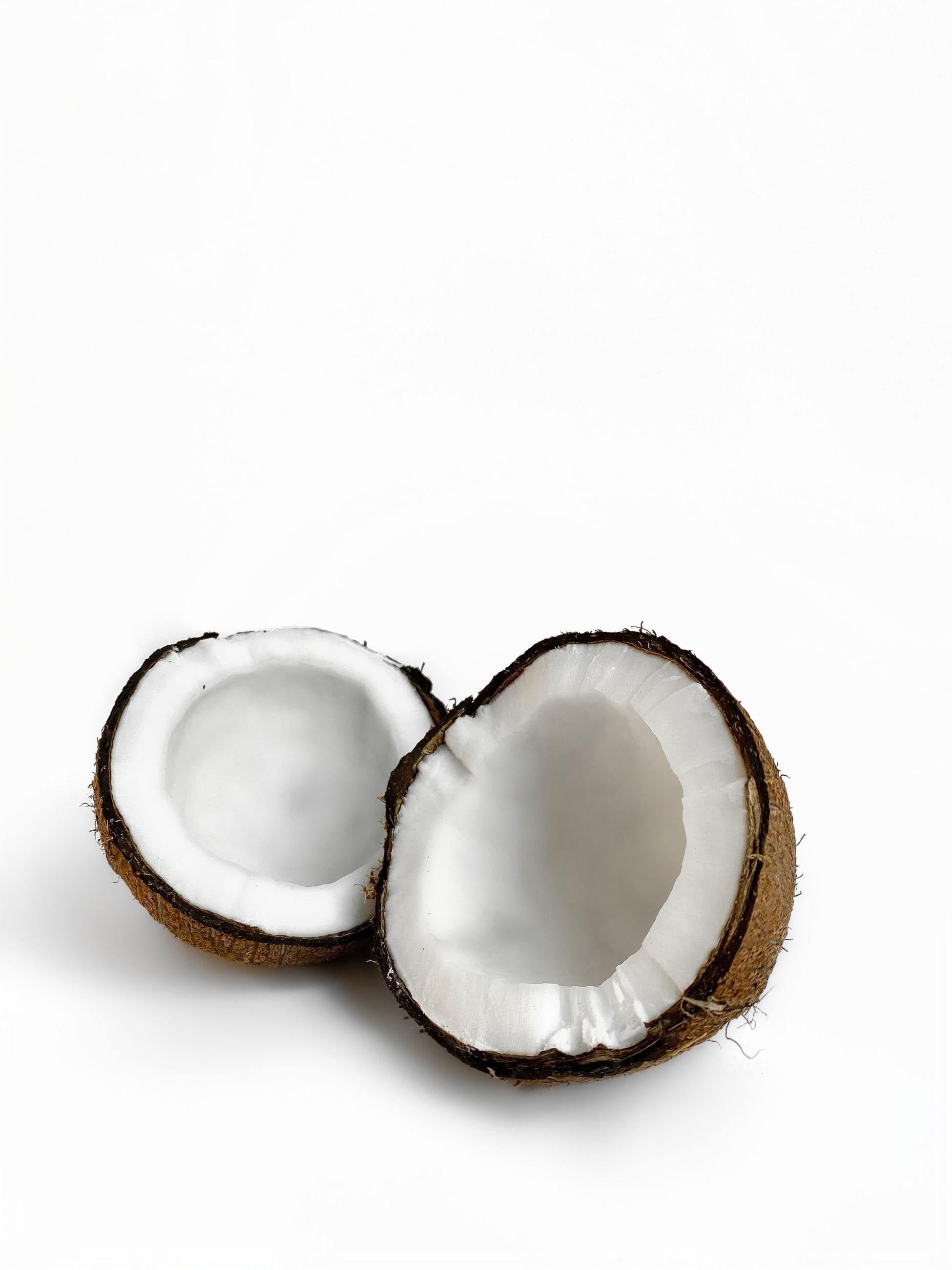 This is a picture of two coconut halves with the white part sitting face up against a white background.