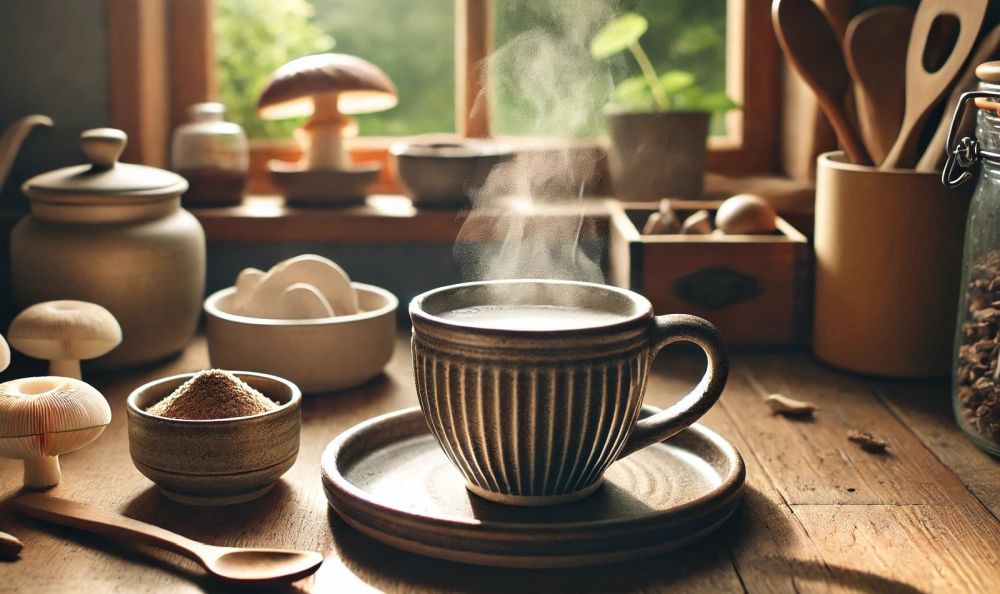 This is a picture of a fresh hot cup of coffee in a mug on a saucer with mushroom powder near a kitchen window.