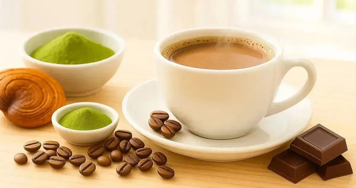 This is a picture of our Cognitive Cacao + Coffee blend in a white coffee cup and saucer, surrounded by dark chocolate, coffee beans, matcha powder and reishi on a wooden countertop with a bright window in the background.