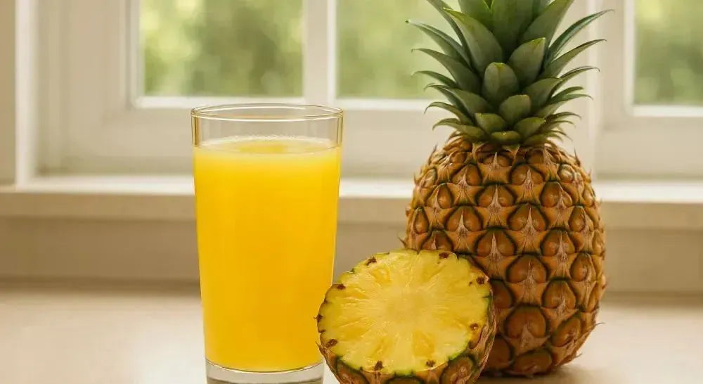This is a picture of a glass of pineapple juice next to a freshly cut pineapple on a kitchen countertop with a sunny window in the background