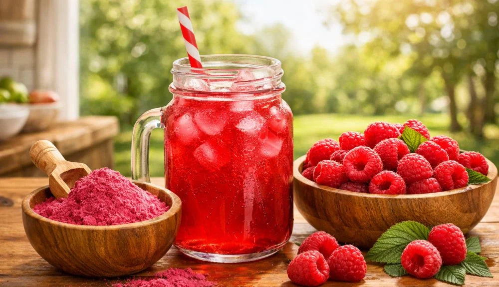 This is a picture of a wooden bowl of rasperry powder next to a mason jar filled with raspberry juice next to a wooden bowl of fresh raspberries on a wooden table outside
