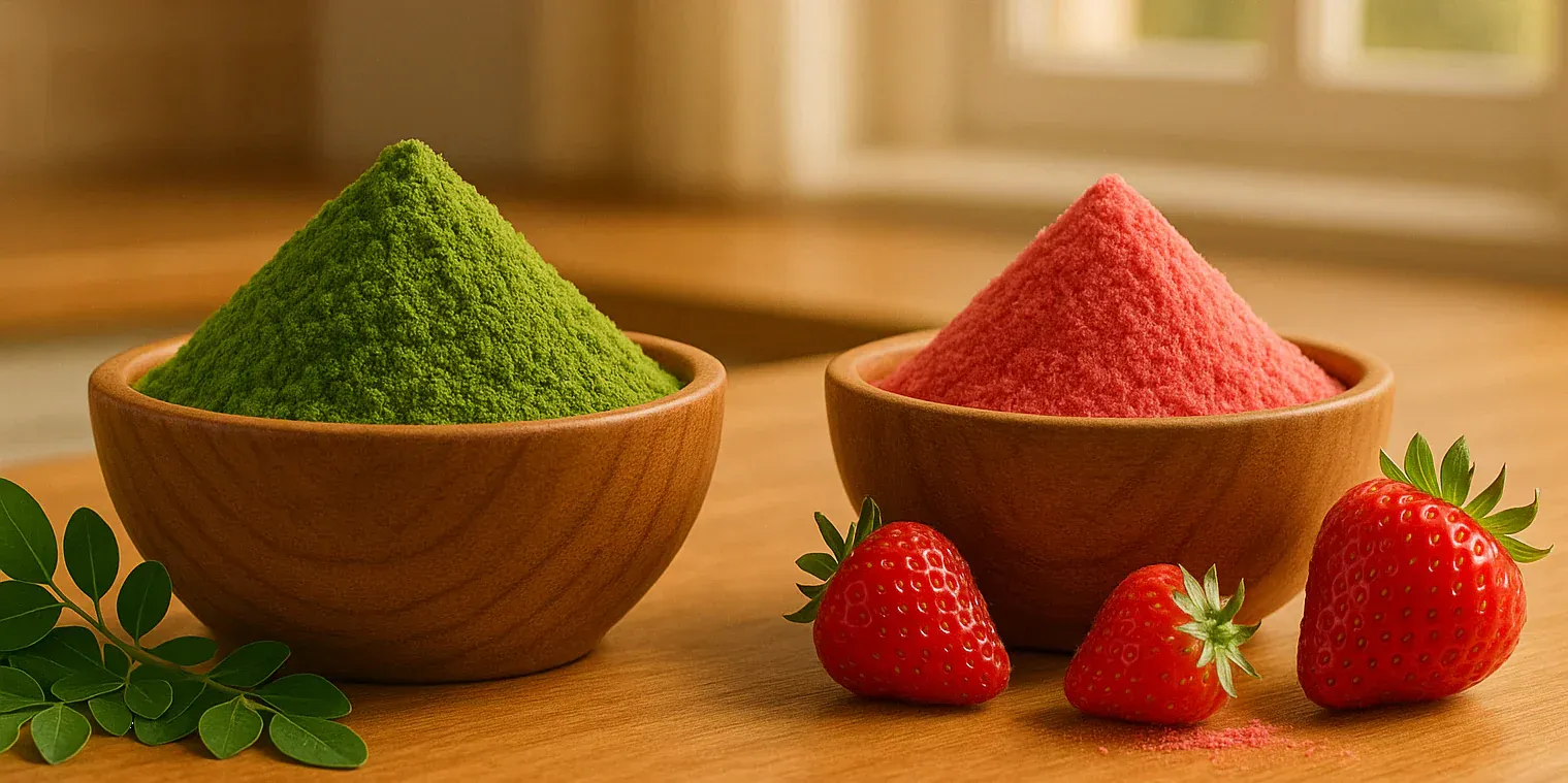 This is a picture of moringa powder ina wooden bowl with fresh moringa leaves, next to a wooden bowl filled with strawberry powder next to fresh strawberries on a kitchen counter.