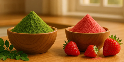 This is a picture of moringa powder ina wooden bowl with fresh moringa leaves, next to a wooden bowl filled with strawberry powder next to fresh strawberries on a kitchen counter.