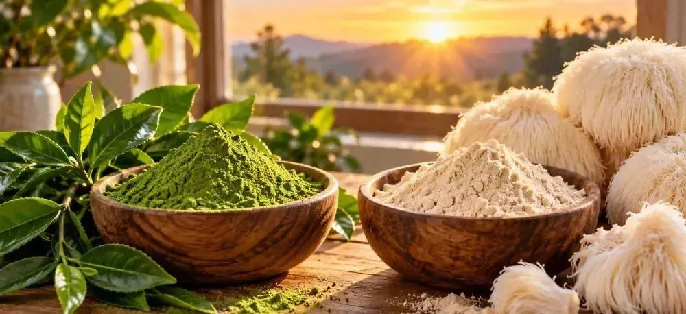 This is a picture of matcha green tea powder and lions mane mushroom powder in wooden bowls on a kitchen counter with a sunrise in the background