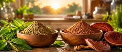 This is a picture of holy basil powder in a wooden bowl next to red reishi mushroom powder in a wooden bowl on a kitchen counter with a beautiful sunrise in the background.