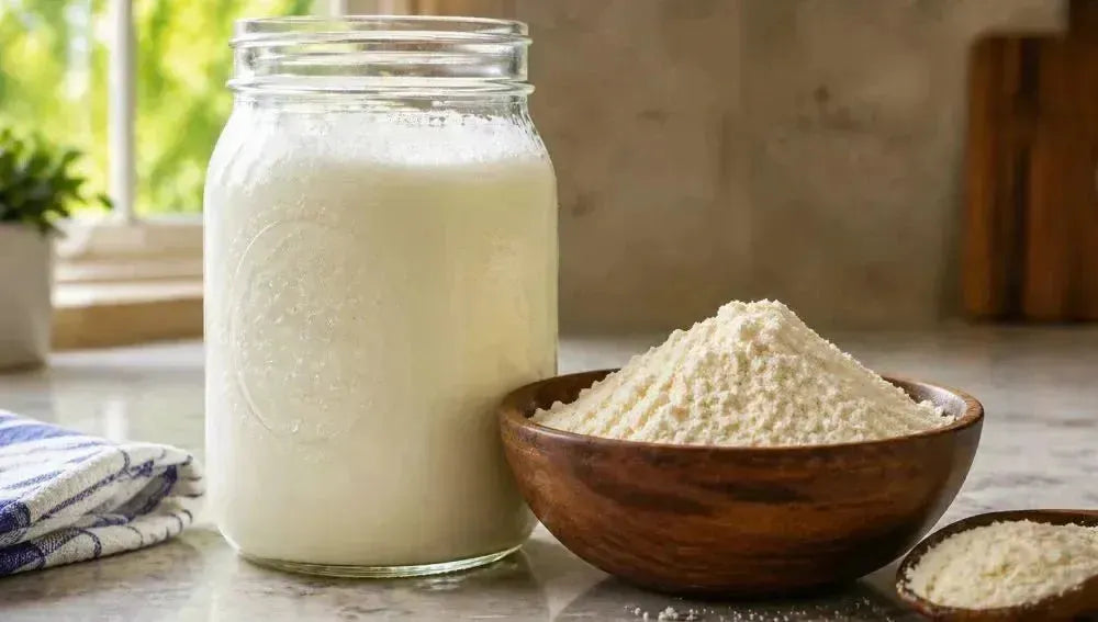This is a picture of a close up of a mason jar filled with delicious fresh buttermilk next to a wooden bowl filled with buttermilk powder on a counter near a kitchen window.