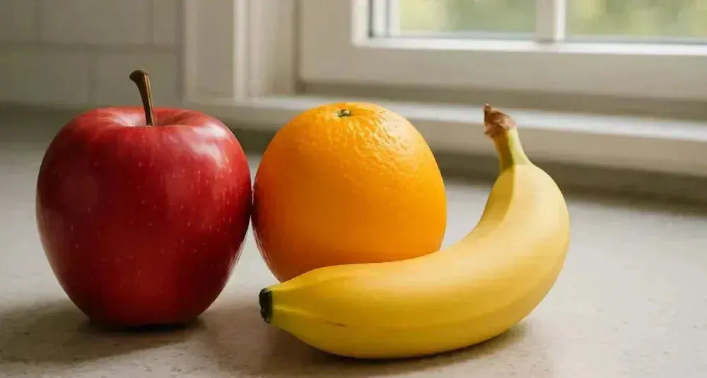 This is a picture of a whole apple, orange and banana on a kitchen counter
