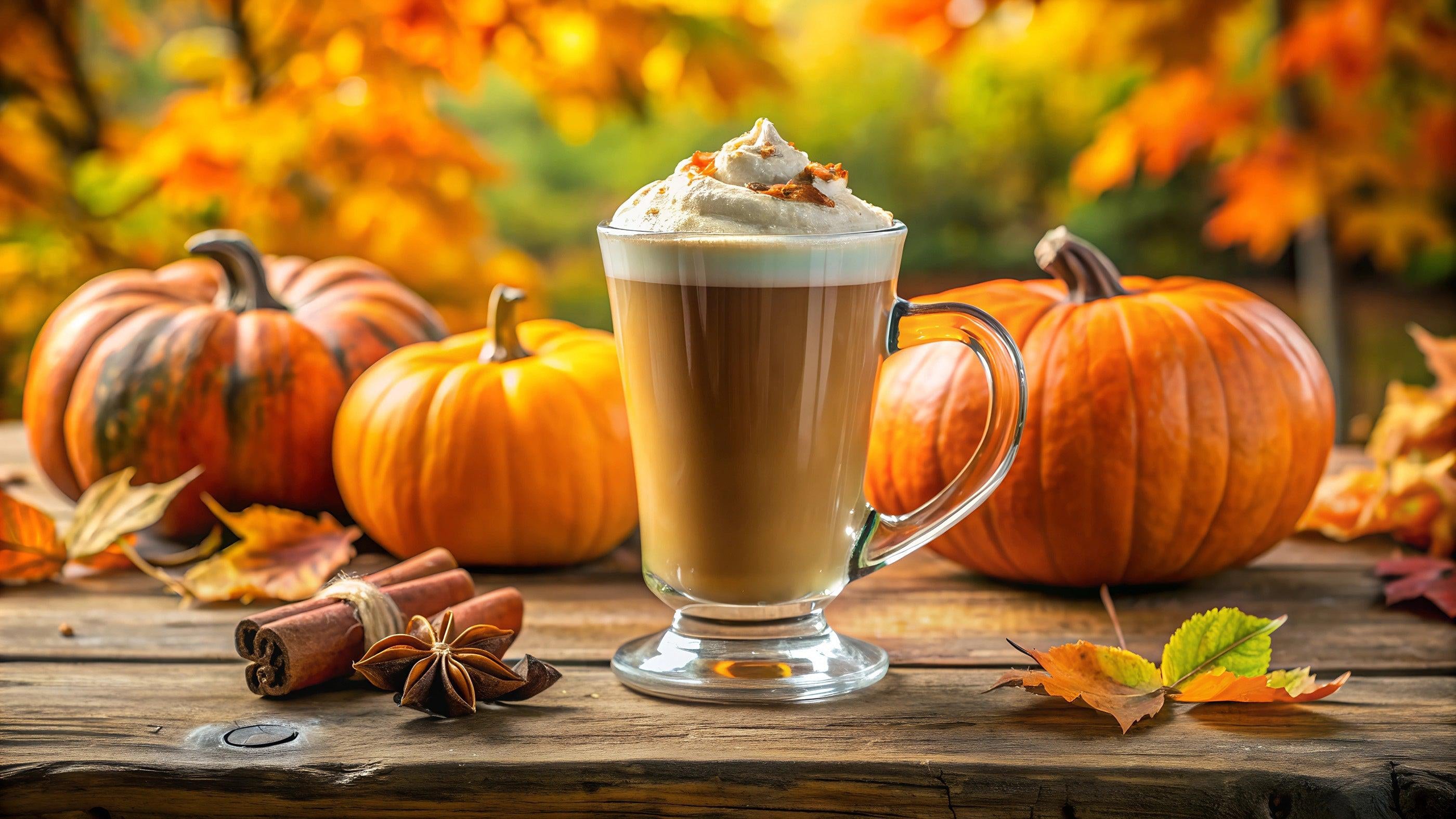 This is a picture of a pumpkin spice latte in a glass mug on a wooden table with pumpkins and falls leaves in the background.