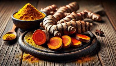 This is a picture of a turmeric root on a wooden table surrounded by fresh root slices and a wooden bowl of turmeric powder