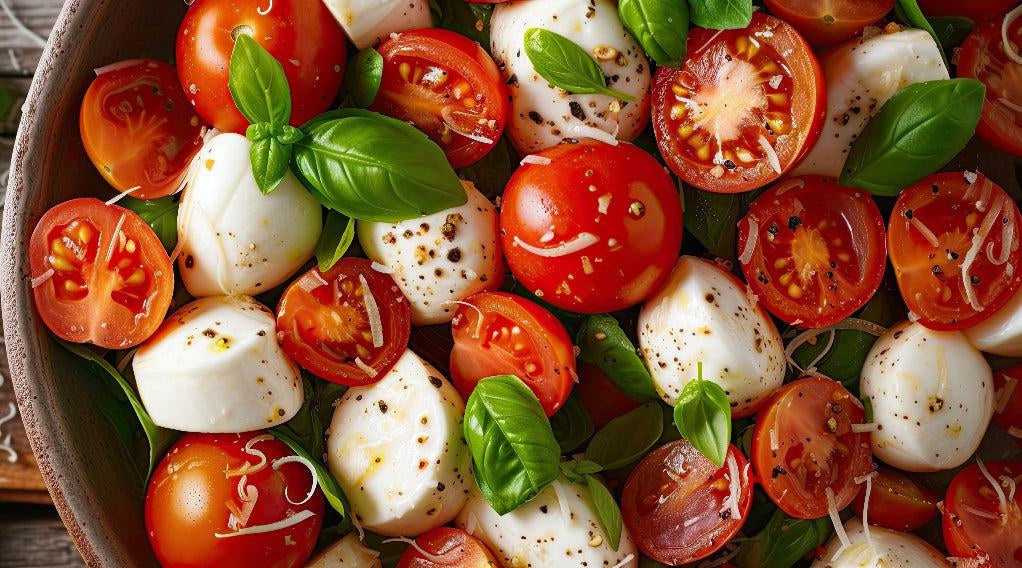 This is a picture of freshly cut tomatoes, mozzarella cheese and basil in a dish on a wooden background.