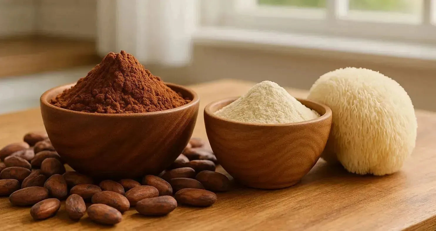This is a picture of cacao powder and lion's mane powder in two wooden bowls with fresh cacao beans and a lion's mane mushroom on a wooden kitchen counter, next to a window