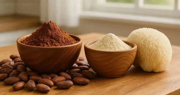 This is a picture of cacao powder and lion's mane powder in two wooden bowls with fresh cacao beans and a lion's mane mushroom on a wooden kitchen counter, next to a window