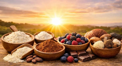 This is a picture of whey protein powder in a wooden bowl, cacao powder, fresh berries and mushrooms on a  counter with a beautiful sunrise in the background.